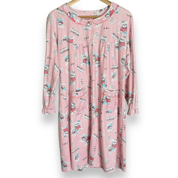 Nightgown Bears Gingham Pink White Twee Pockets Long Sleeves Women Sleep PJs - Picture 2 of 12